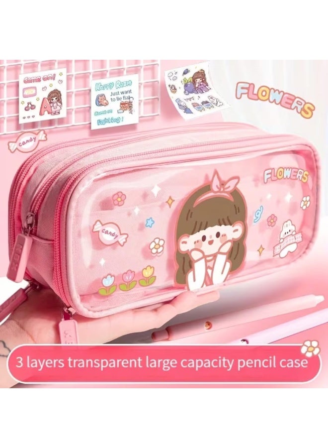 Large capacity transparent fabric pencil case with cute cartoon print, 3 compartments for organizing stationery, multi-functional, with a durable zipper design (Cute Girl) - Image 1